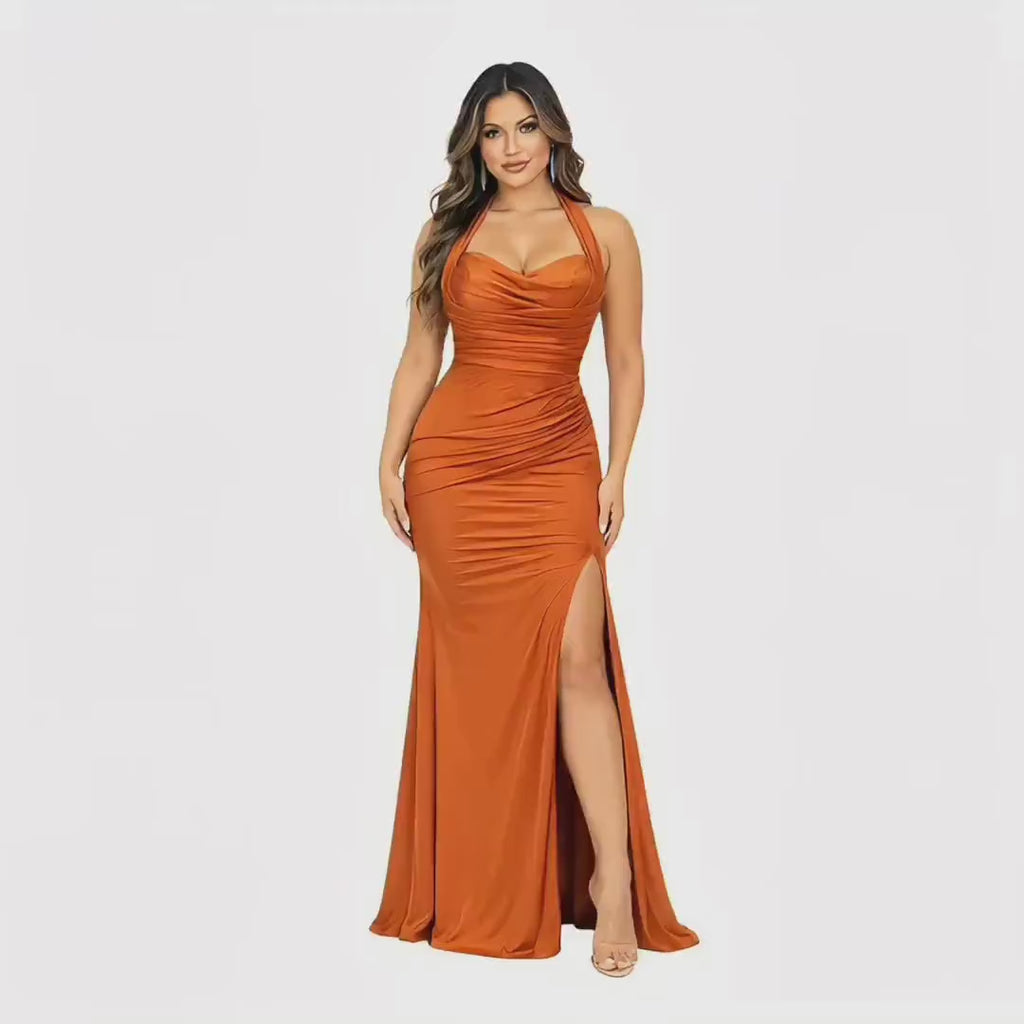 Eureka-EK191 Women's Elegant Halter Neck Maxi Evening Dress with Sweetheart Neckline, Ruched Bodice, Draped Waist, High Front Slit