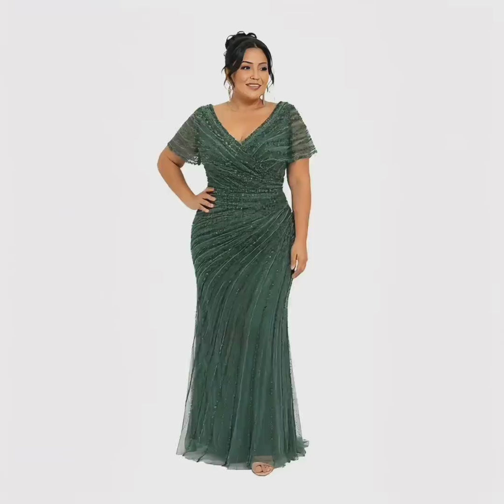 VS-723 Plus Size Beaded Evening Gown, Elegant V Neck Formal Dress, Wedding Guest Dress, Mother of the Bride Gown, Prom Gala Dress