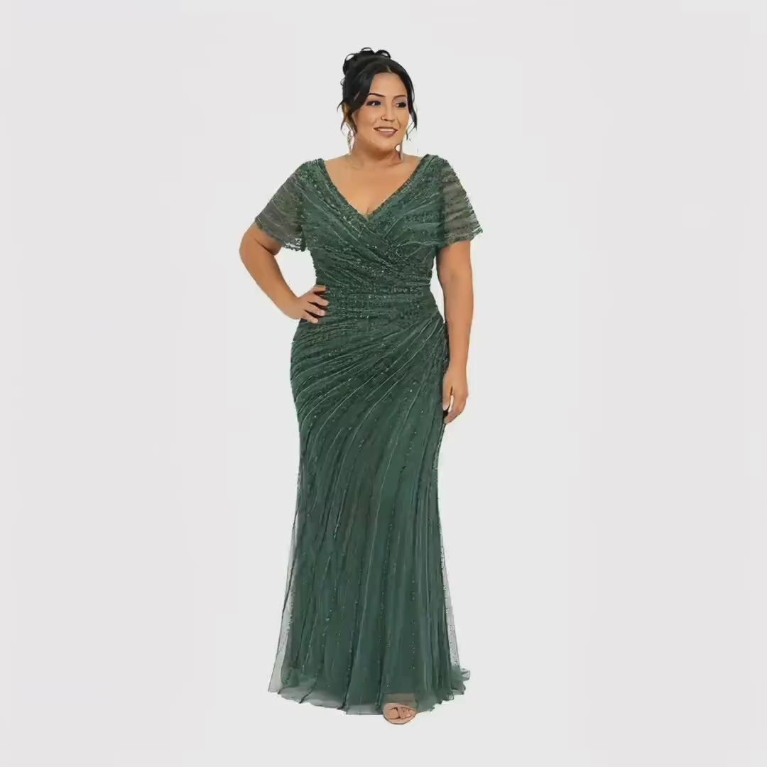 VS-723 Plus Size Beaded Evening Gown, Elegant V Neck Formal Dress, Wedding Guest Dress, Mother of the Bride Gown, Prom Gala Dress