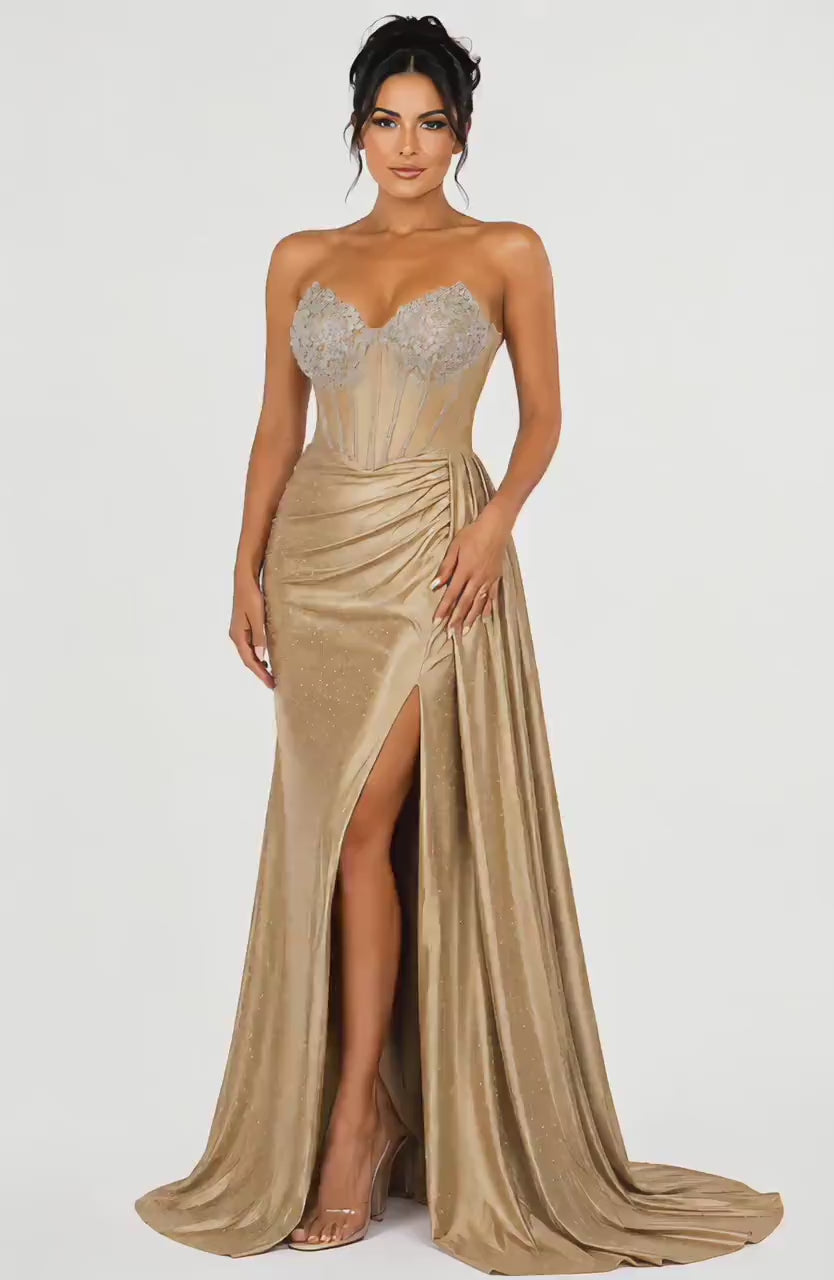 VS-0372 Luxury Rhinestone Corset Prom Dress – Satin Mermaid Evening Gown with High Slit, Lace-Up Back & Sparkling Beaded Bust