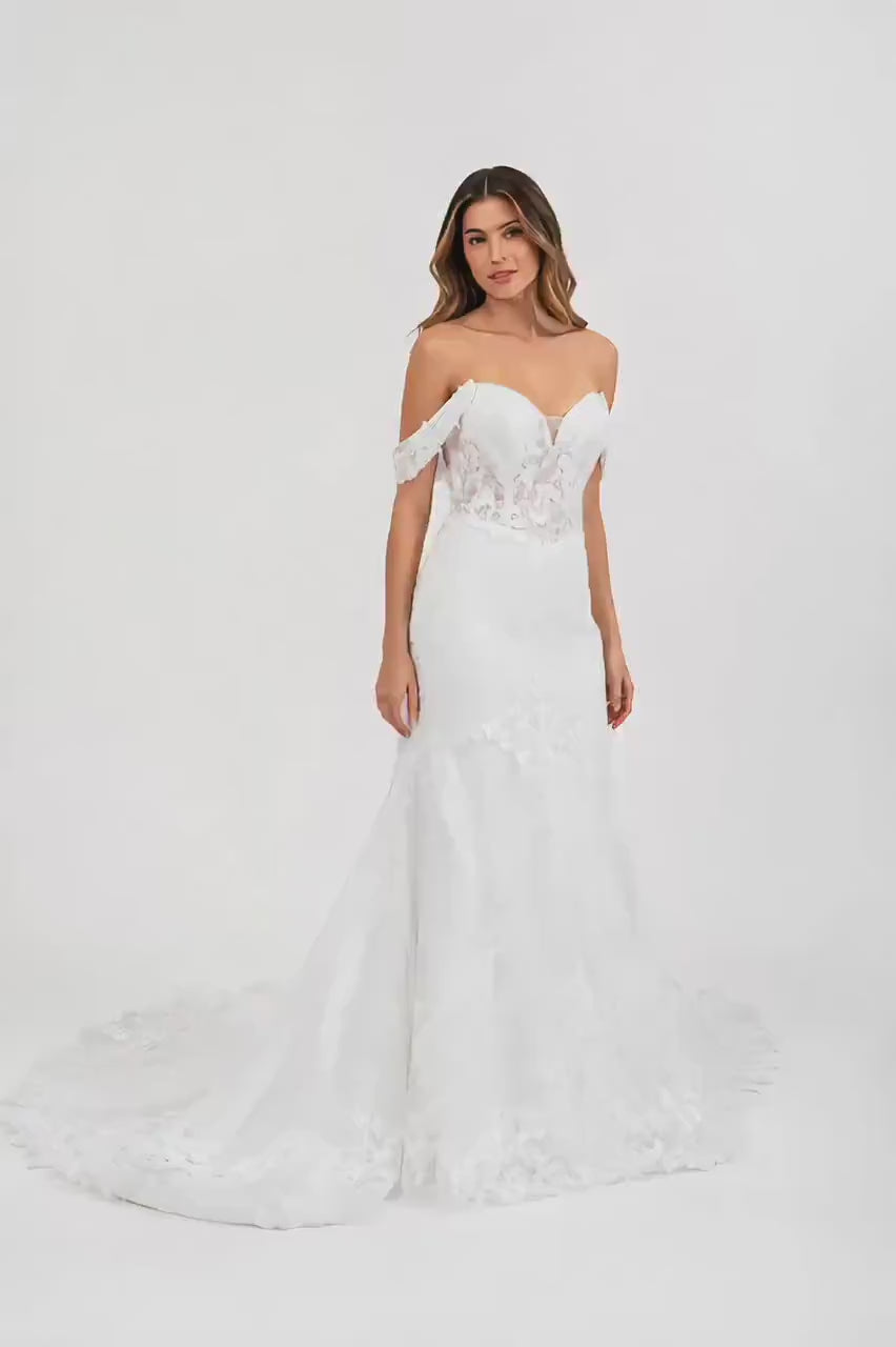 Cindy -C722 Elegant Off White -Shoulder Bridal Gown with Intricate Lace Detailing and Flowing Train for a Timeless Look
