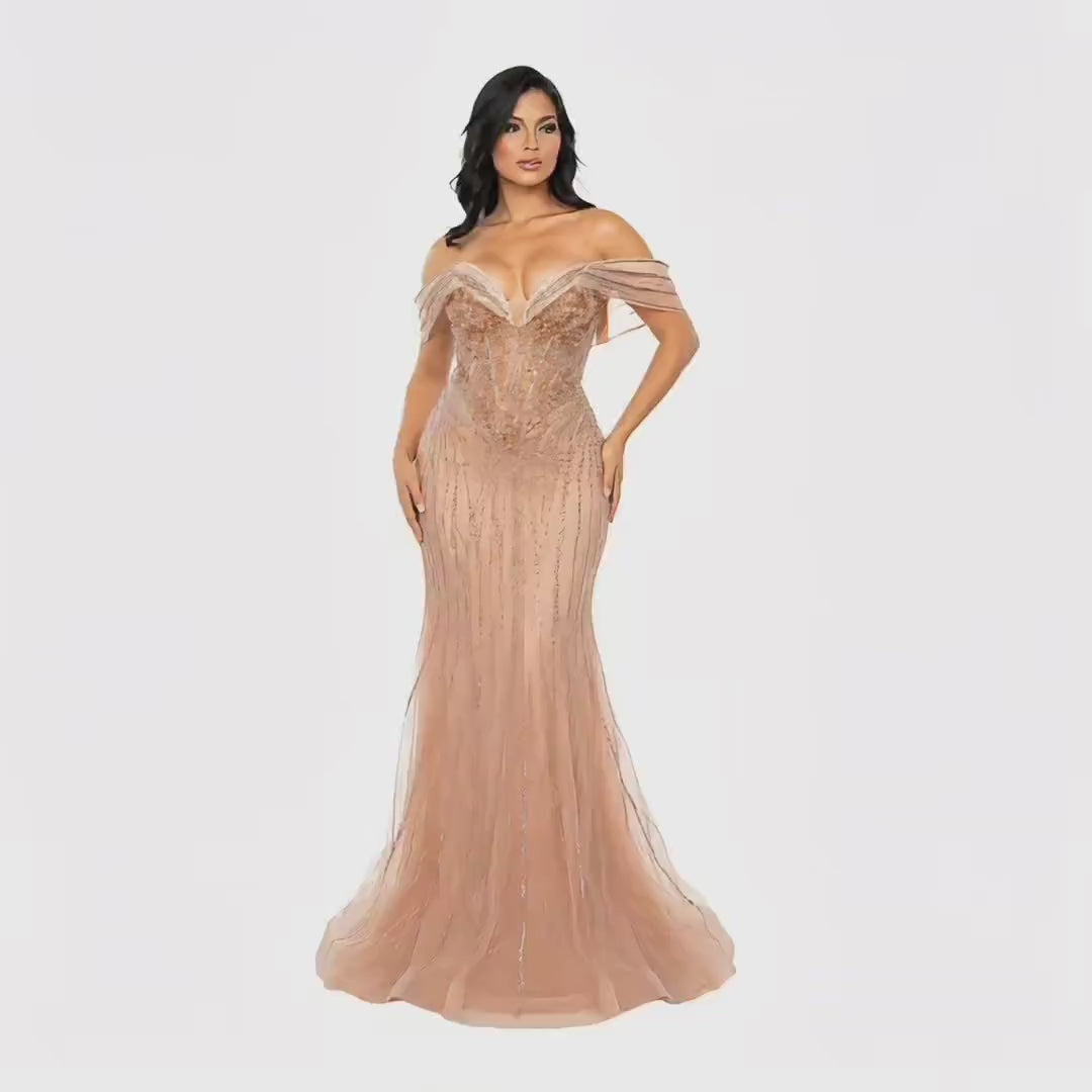 Lenovia-8523 Elegant Off Shoulder Mermaid Prom Dress, Beaded Corset Evening Gown, Formal Wedding Guest Dress, Gala & Special Occasion Gown
