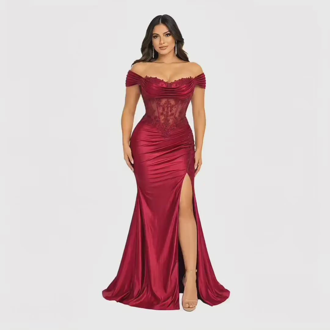 Dancing Queen-4619 Women's Elegant Off Shoulder Satin Mermaid Evening Gown with Sheer Beaded Corset Bodice, Draped Sweetheart Neckline