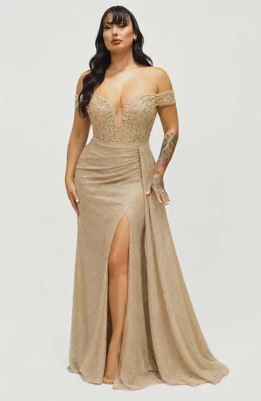 Cindy-50460 Elegant Off Shoulder Glitter Evening Gown with Beaded Corset Bodice High Slit Formal Prom Wedding Guest Dress XS to 3XL