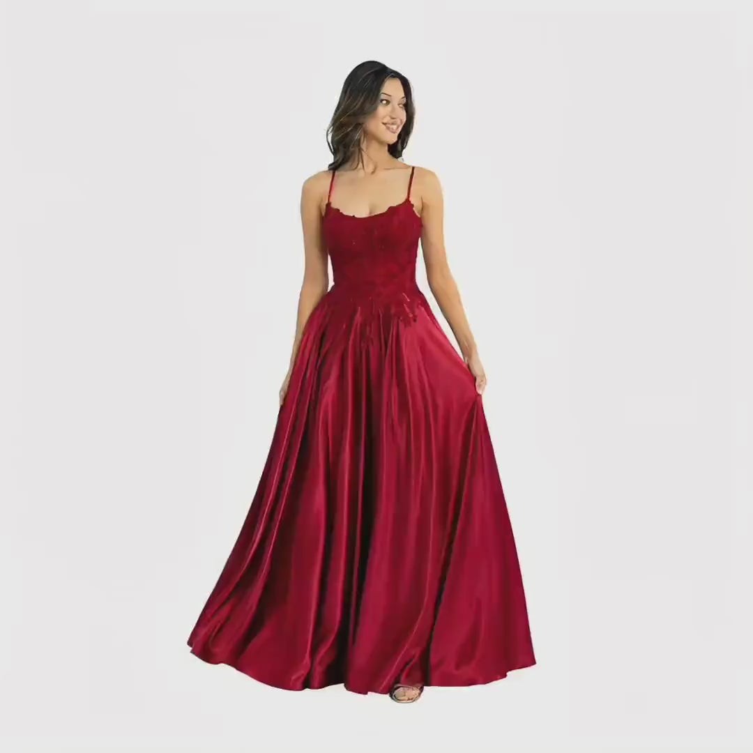 EVA 5289 Satin Prom Dress, Lace Corset Formal Gown, Spaghetti Strap A-Line Evening Dress, Wedding Guest & Quinceañera Gown