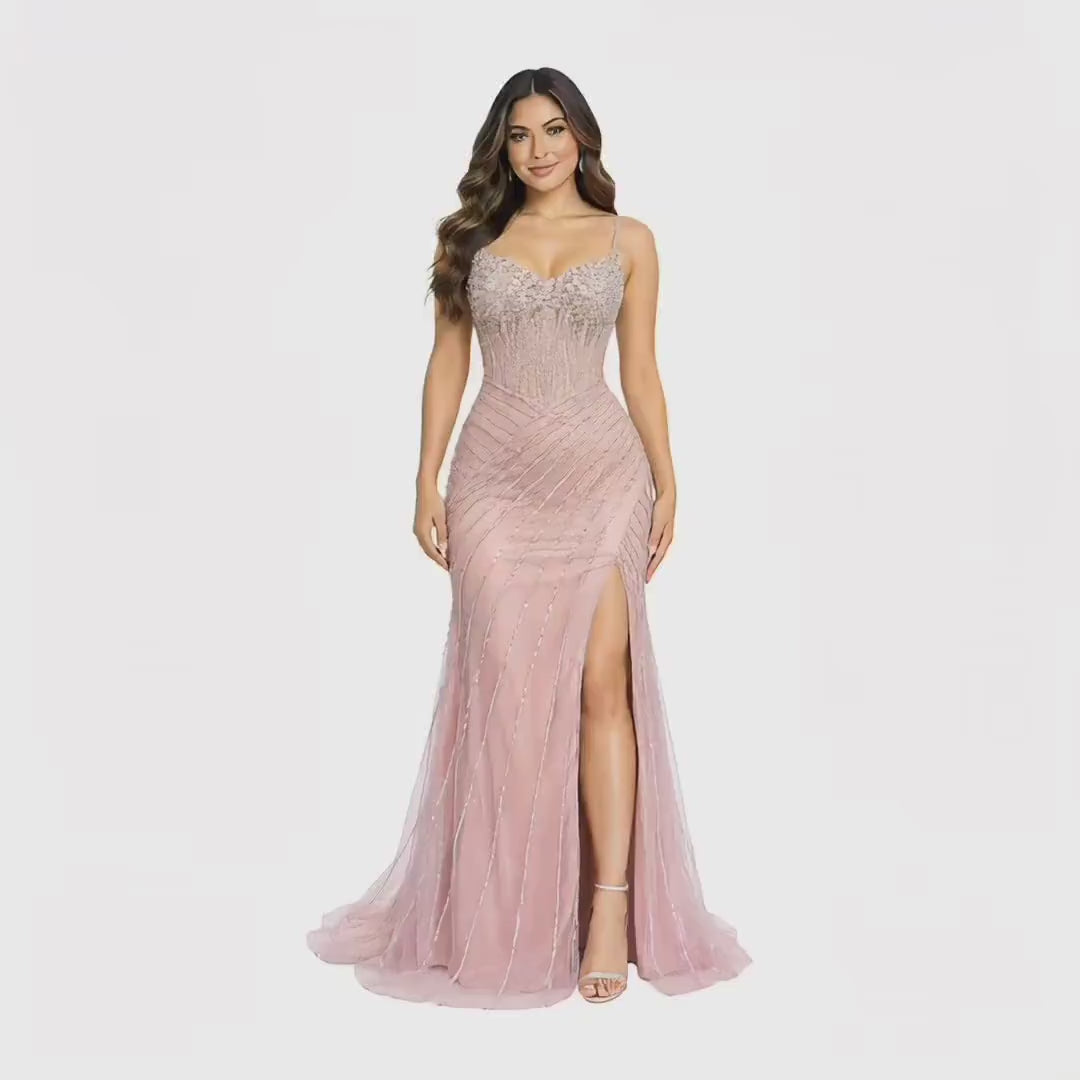 HC-1033 Women's Long Mermaid Formal Dress with Beaded Details, Spaghetti Straps, Sweetheart Neckline, Lace Up Back and High Slit