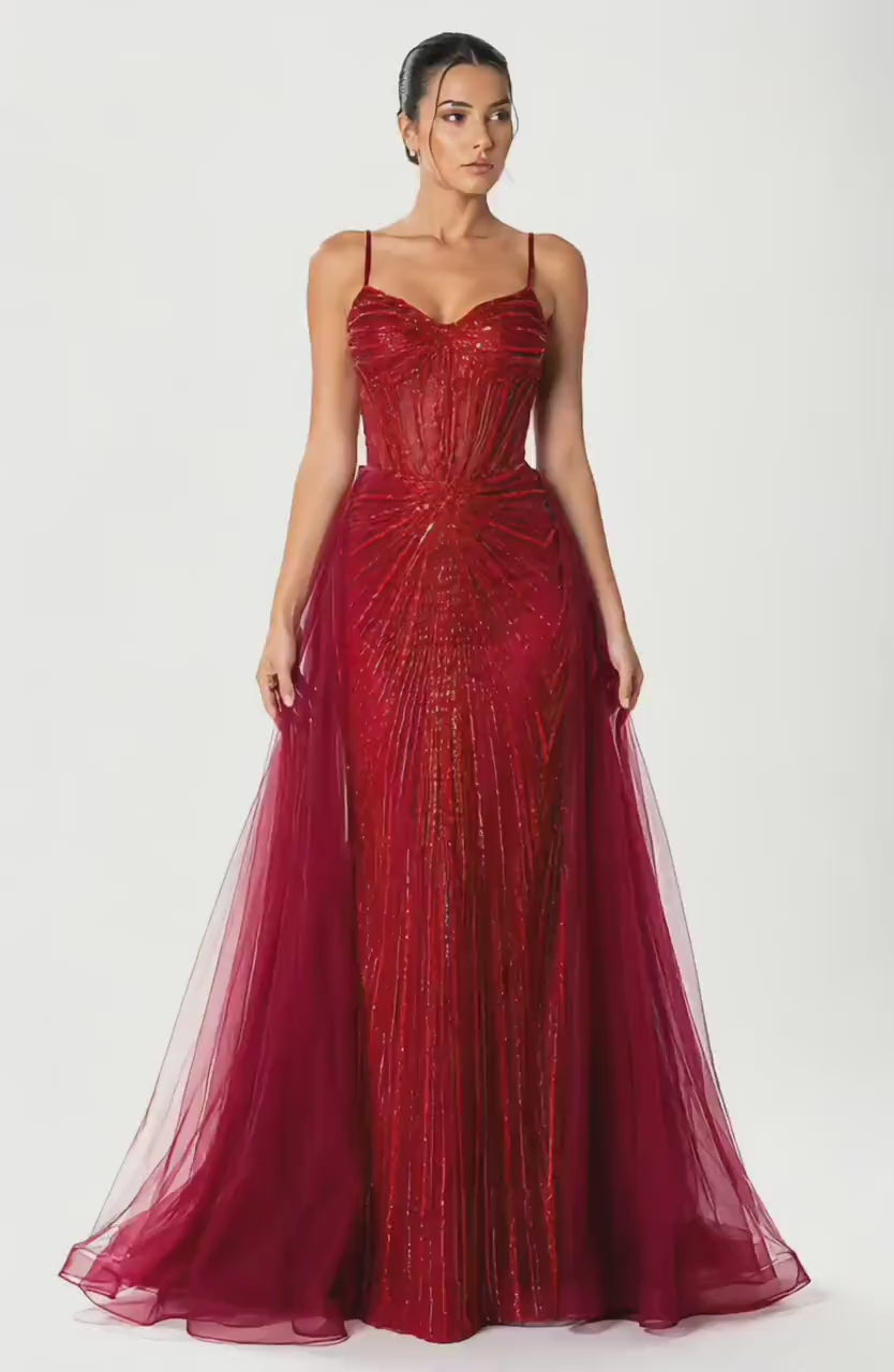 Hc 1009 Elegant Women's Beaded Corset Evening Gown with Sweetheart Neckline, Sparkling Detail y Flowing Tulle Overskirt for Prom & Gala