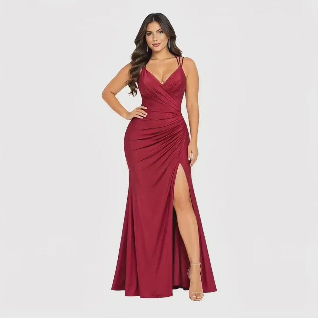 Samantha-4000 Women’s Satin Formal Evening Gown, Spaghetti Strap V-Neck Wrap Bodice, Ruched Waist & Hip, High Side Slit, Floor Length Elegan