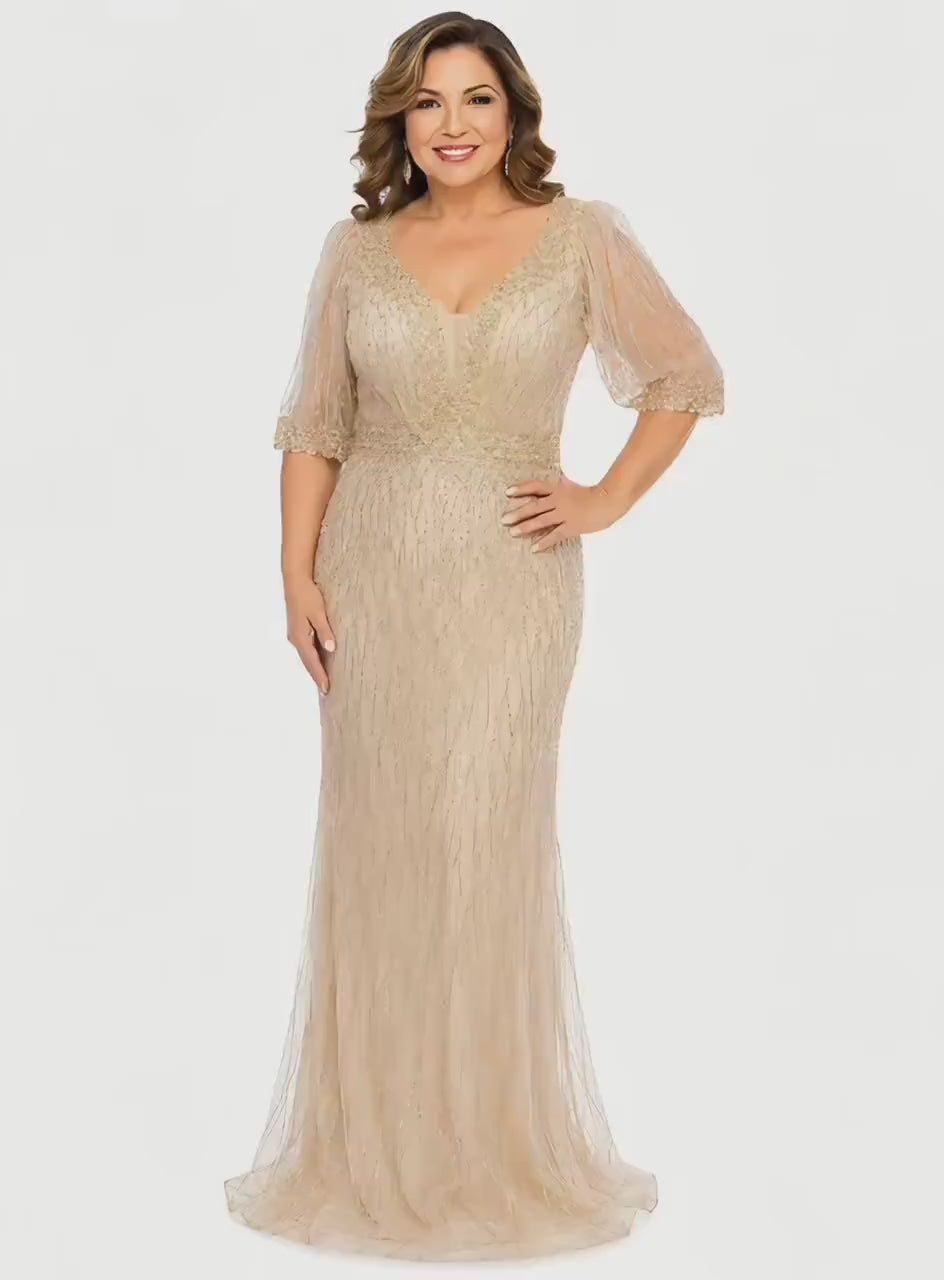 RQ 8290 Elegant Plus Size Beaded Evening Gown with V Neck and Sheer Sleeves for Weddings Galas and Formal Events