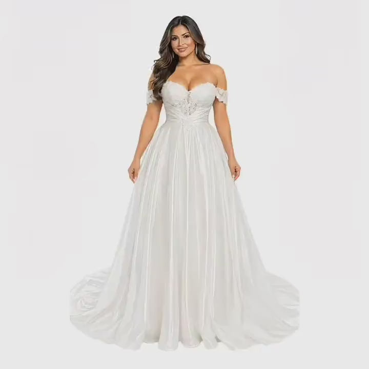 Cindy-744 Women's Elegant Formal Gown with Floral Lace Bodice, Sweetheart Neckline, Off Shoulder Lace Sleeves, Lace Up Corset Back