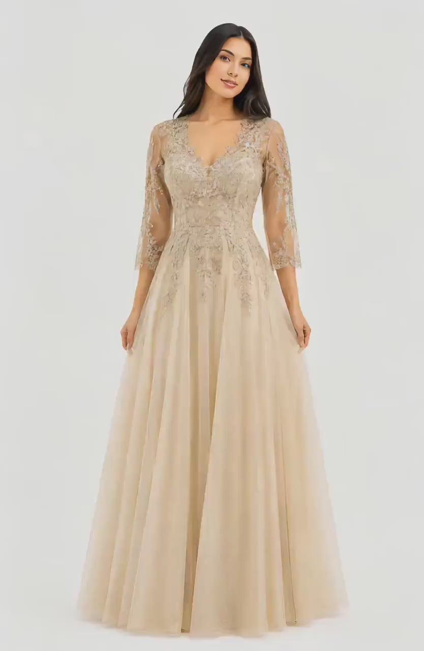 Cindy-C50509 Elegant Women’s Floor-Length Formal Evening Gown with Lace Appliqué, Sheer 3/4 Sleeves, V-Neckline, Glitter Tulle A-Line Skirt