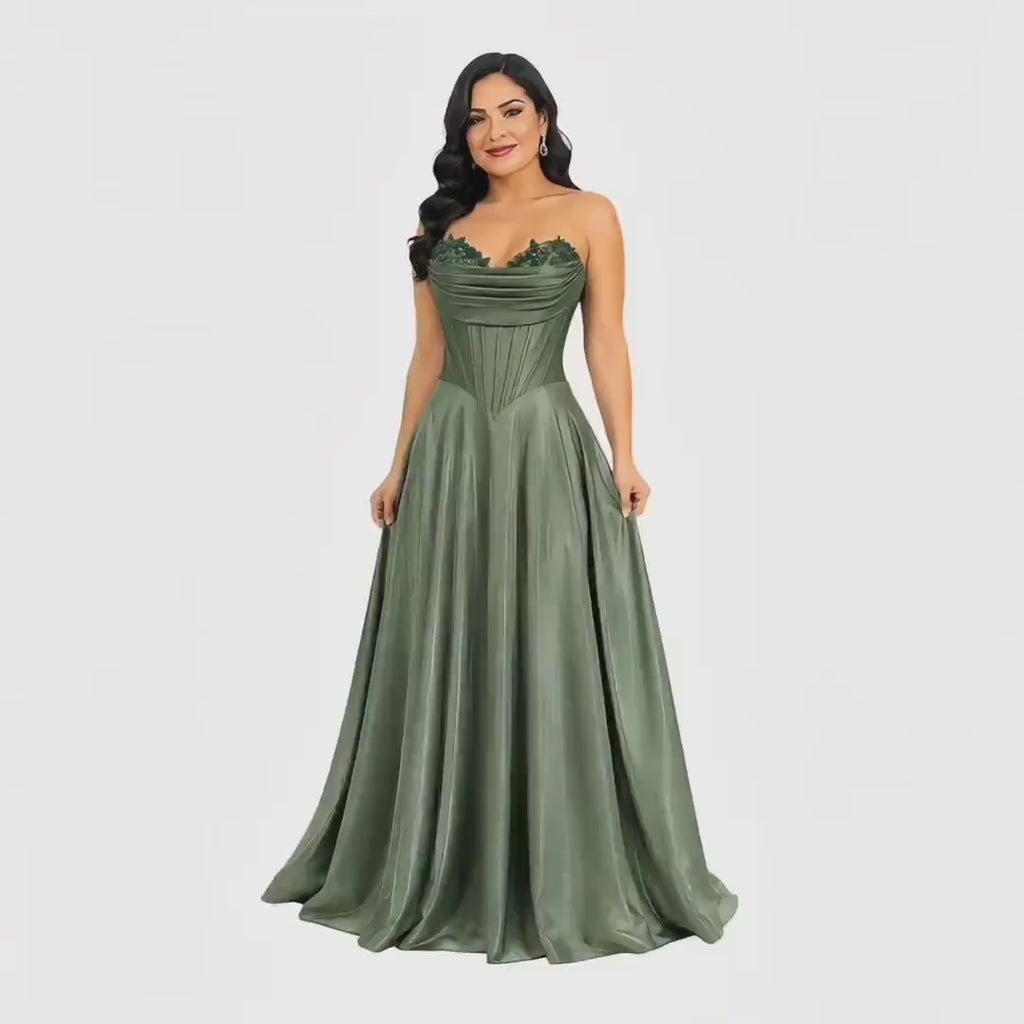 Cindy-50519 elegant strapless satin evening gown corset bodice floral lace bust a line floor length formal prom gala wedding guest dress
