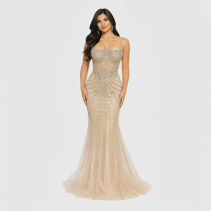 Amelia-2136 Women's Formal Mermaid Evening Gown with Sheer Illusion Bodice, Intricate Rhinestone Beading, Spaghetti Straps, Lace-Up Corset