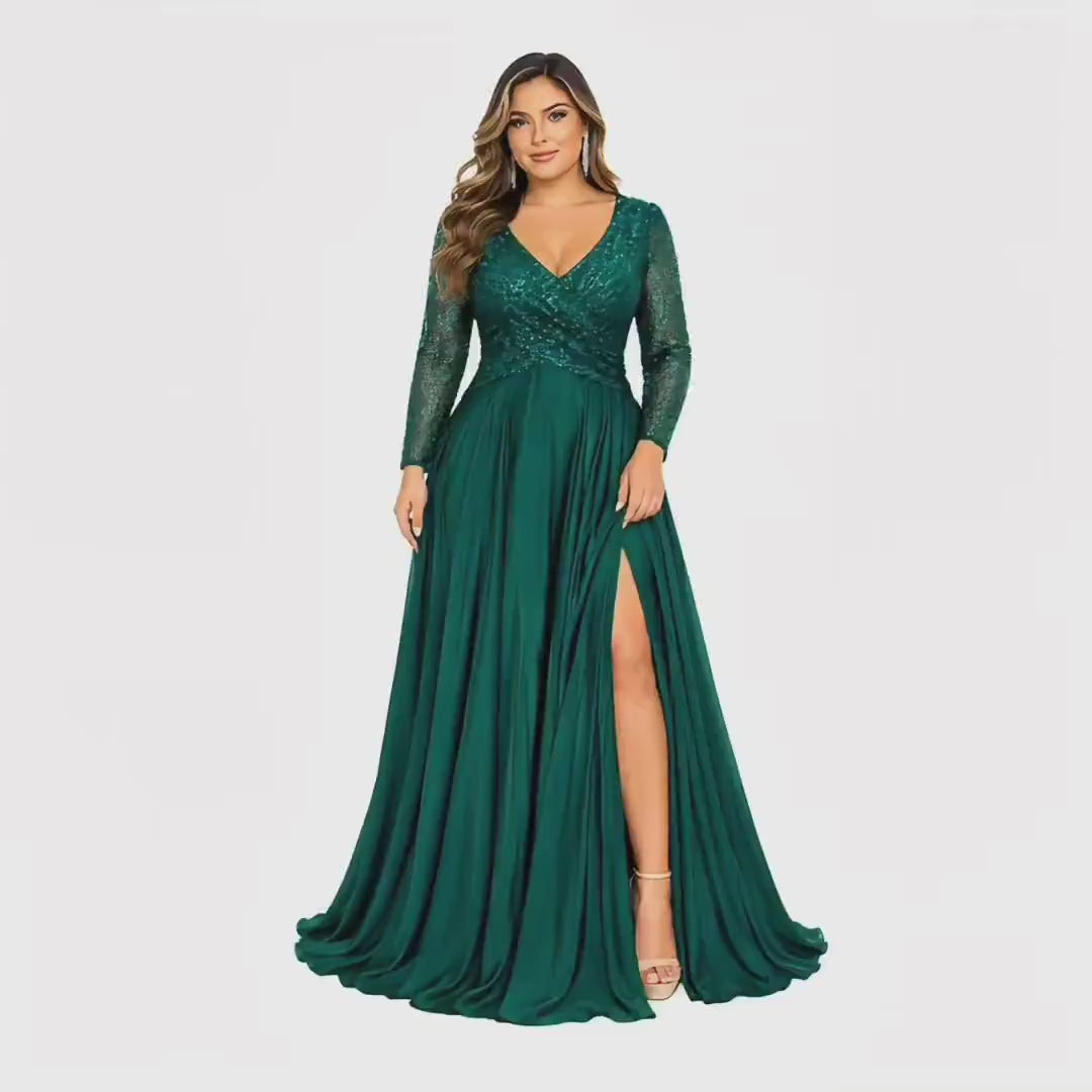 Cindy-1743 Women's Elegant Maxi Evening Dress with Sequin Bodice, Sheer Long Sleeves, V-Neck, Ruched Waist, Side Slit and Flowing A-Line