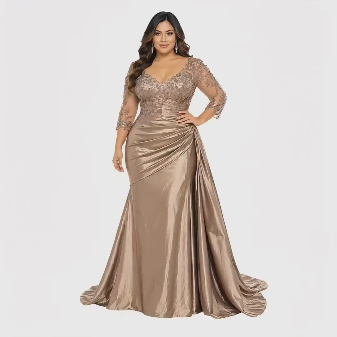 MayQueen -2255 Women’s Plus Size Formal Evening Gown with Embellished Lace Bodice, Sheer 3/4 Sleeves, V-Neckline, Ruched Satin Skirt