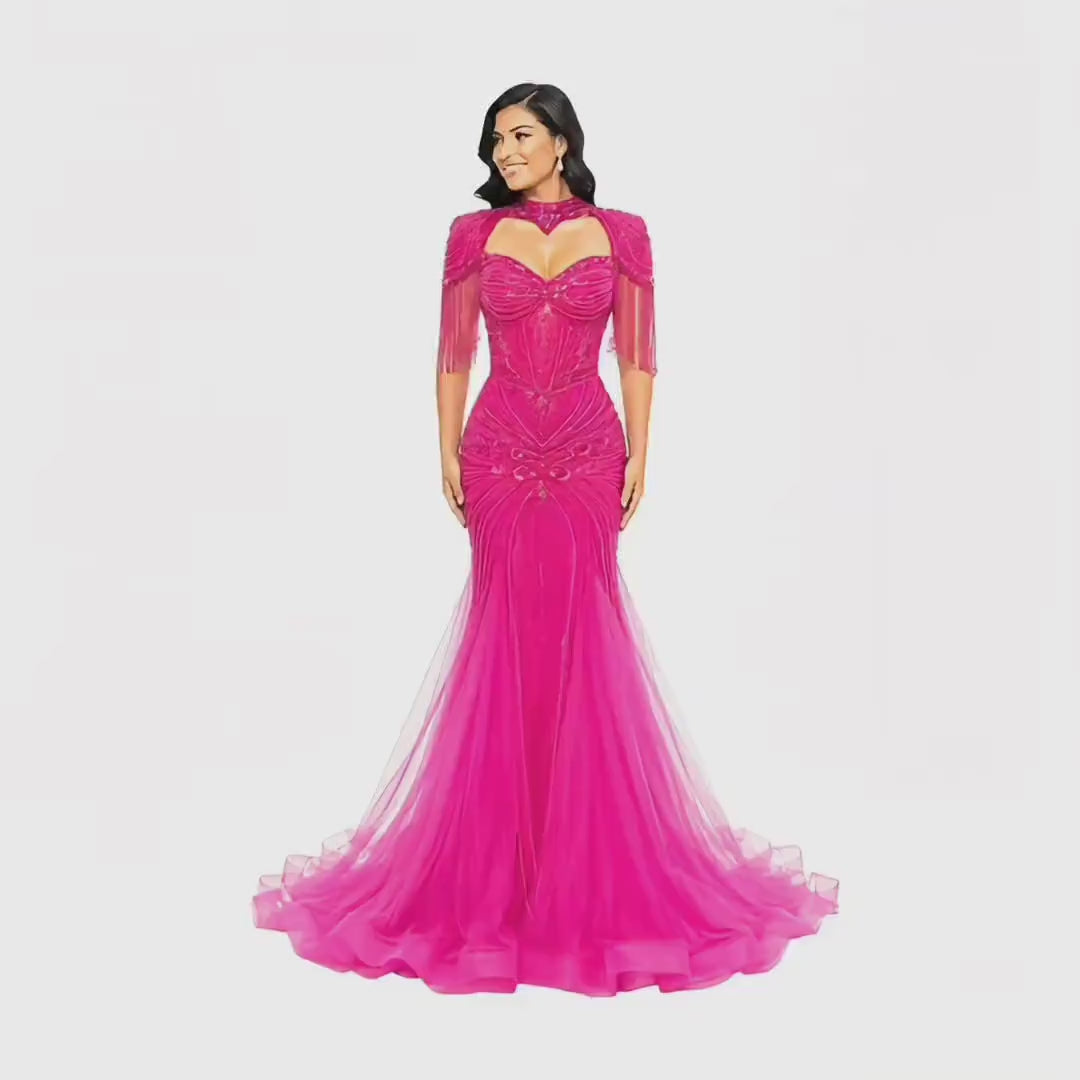 VS-0578 Elegant Beaded Mermaid Evening Gown with Cape Sleeves Corset Bodice Formal Prom Wedding Guest Dress