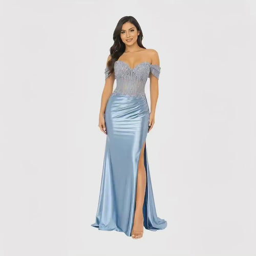 Cindy 50520 Elegant Off-the-Shoulder Evening Gown with Ruched Detail and High Slit for Formal Events Navy Womenswear