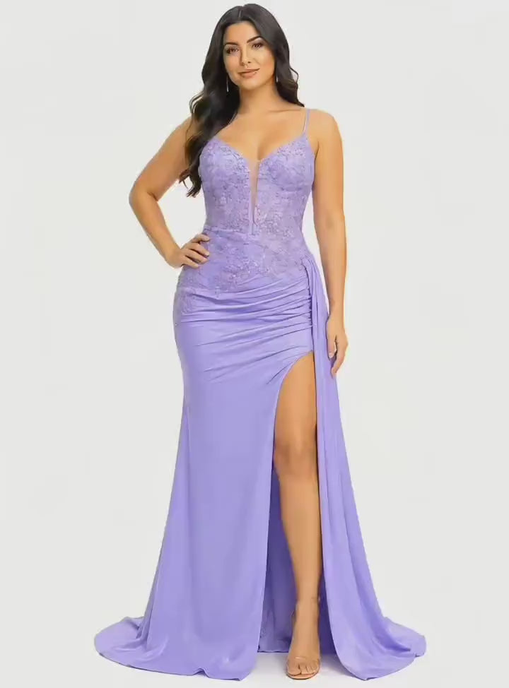 DQ 4556 Women's Elegant Formal Evening Gown with Lace Corset Bodice, Spaghetti Straps, Ruched Waist, High Slit and Floor Length Train