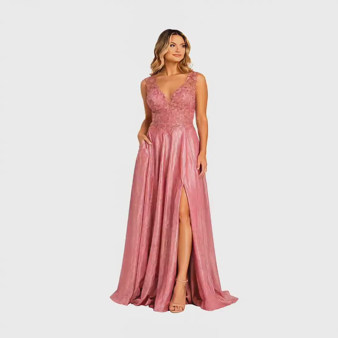 MQ-2137 Elegant Lace Evening Gown, Deep V Neck Formal Dress, High Slit Sparkle Prom Gown, Wedding Guest Bridesmaid Special Occasion Dress