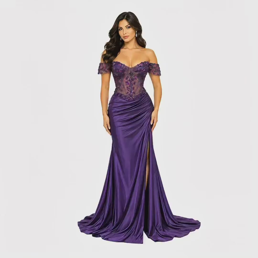 Cindy-50444 Women's Off-Shoulder Satin Evening Gown with Floral Sequin Applique, Sheer Boned Corset Bodice, Sweetheart Neckline, Ruched Hip