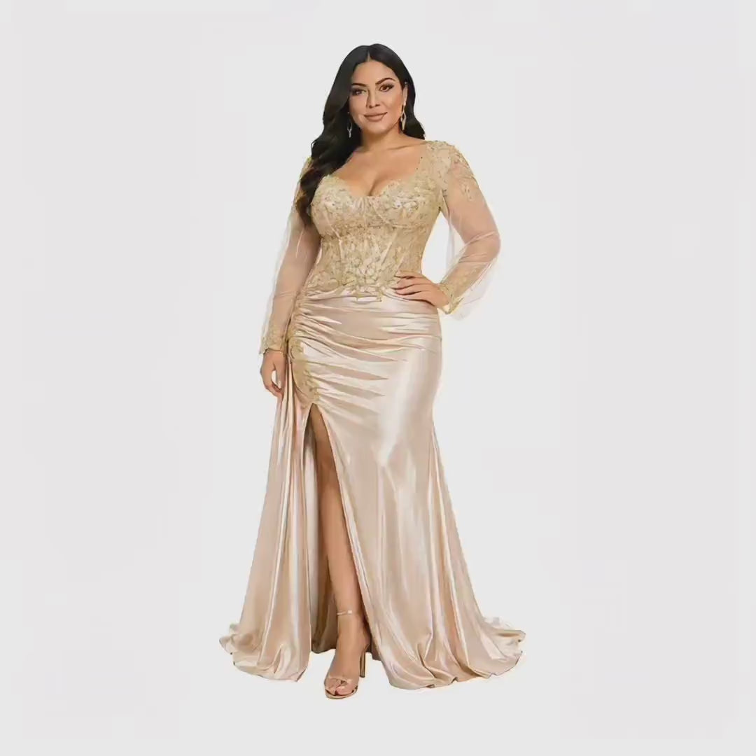 Lenovia-8431 Satin Prom Dress, Beaded Corset Evening Gown, Long Sleeve Formal Dress, Elegant Wedding Guest Dress