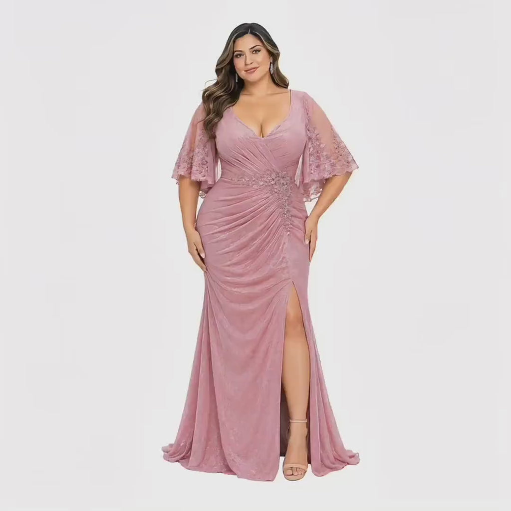 MayQueen-MQ2249 Women's Elegant Glitter Maxi Evening Dress with V-Neck, Ruched Wrap Bodice, Floral Lace Flutter Sleeves, Embellished Waist