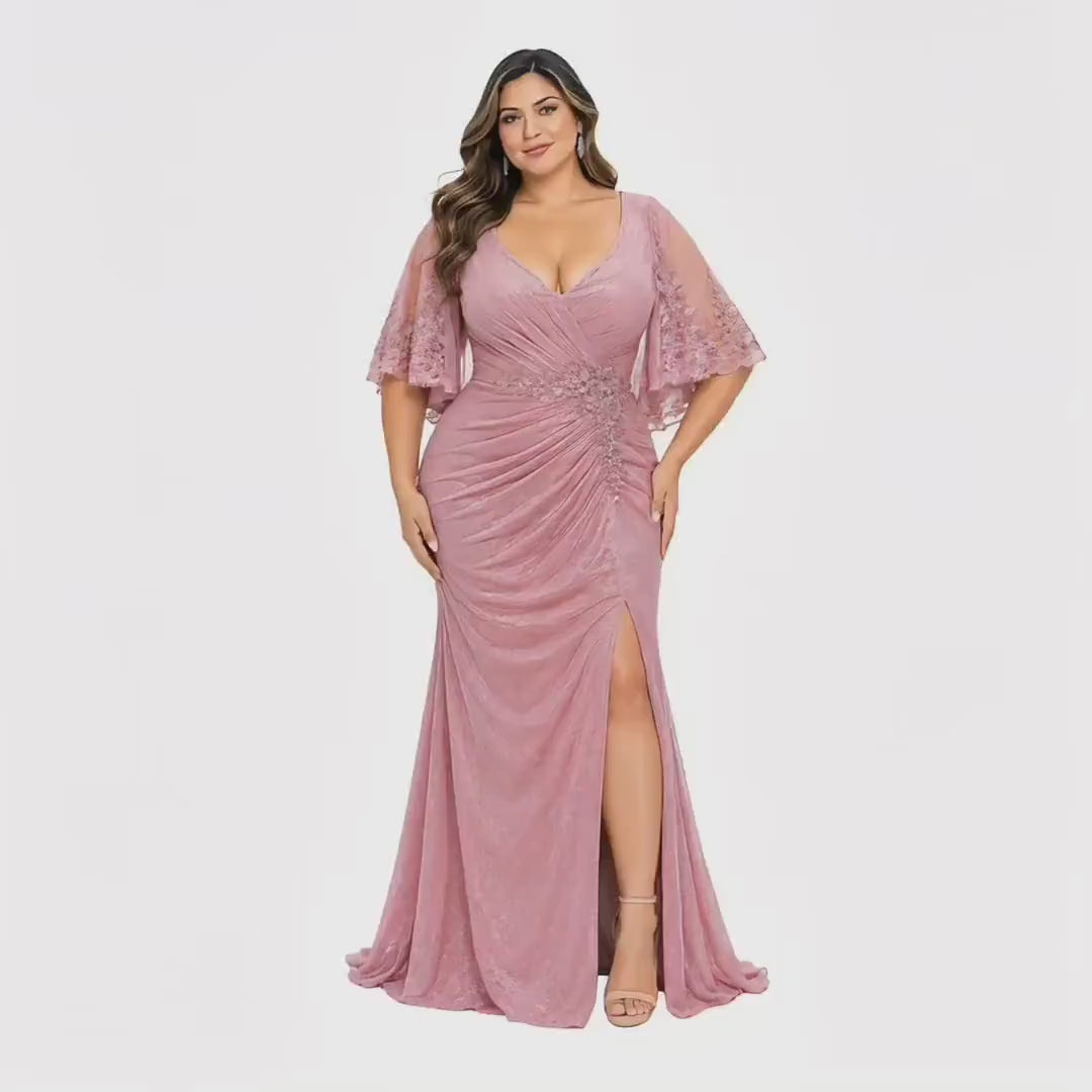 MayQueen-MQ2249 Women's Elegant Glitter Maxi Evening Dress with V-Neck, Ruched Wrap Bodice, Floral Lace Flutter Sleeves, Embellished Waist