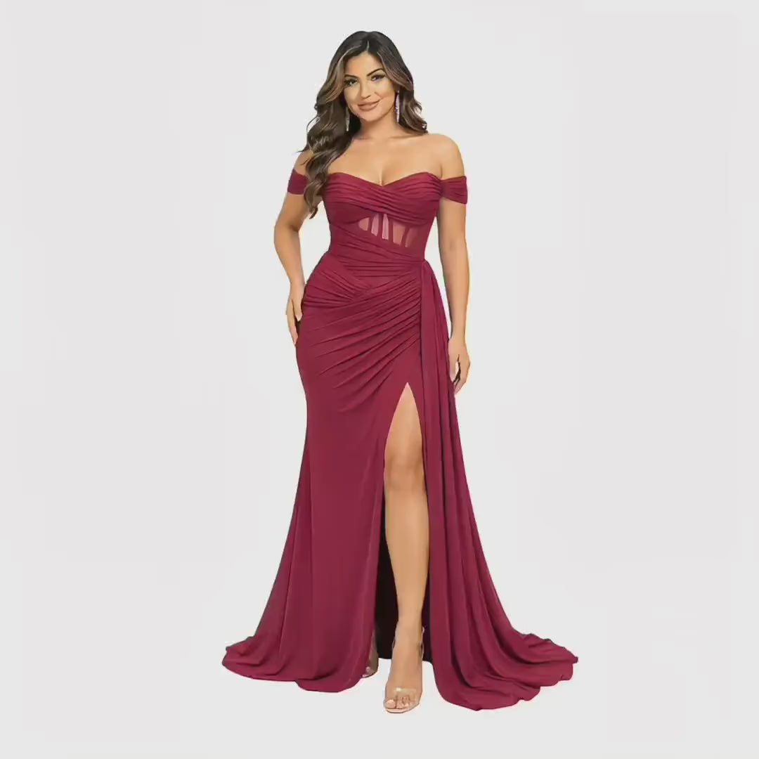Adora-3405 Women's Elegant Off Shoulder Sweetheart Neckline Formal Maxi Dress with Sheer Boned Corset Bodice, Lace Up , Ruched Draped Waist
