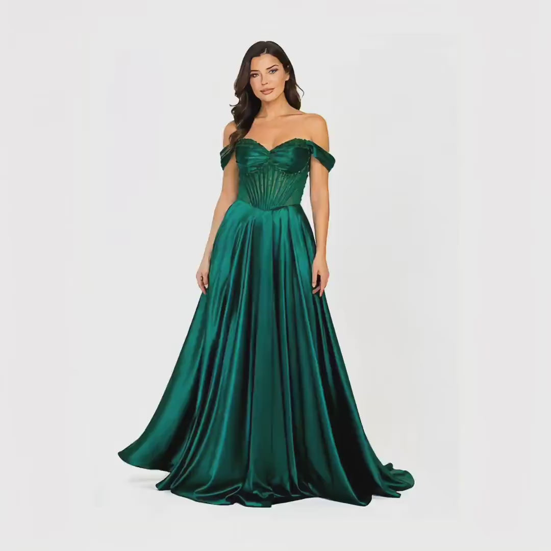 EVA 5315 Elegant Emerald Green Off-the-Shoulder Evening Gown with Corseted Bust and Flowing Skirt for Formal Events